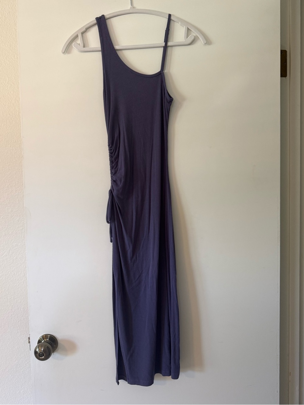 American Threads One-Shoulder Ruched Maxi Dress in Deep Purple